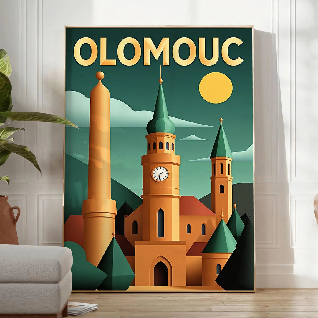 Manifesto vintage Art Déco di Olomouc, Repubblica Ceca, toni gialli e verdi