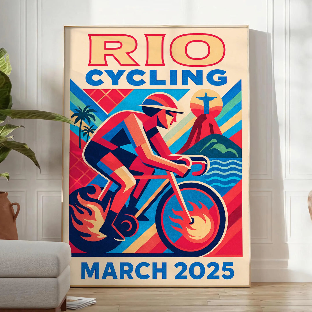 Vintage poster ποδηλασίας Rio με ζωντανά μπλε και κόκκινα χρώματα, διαθέσιμο σε μέγεθος 50x70 ή 30x40, ιδανικό για να προσθέσ