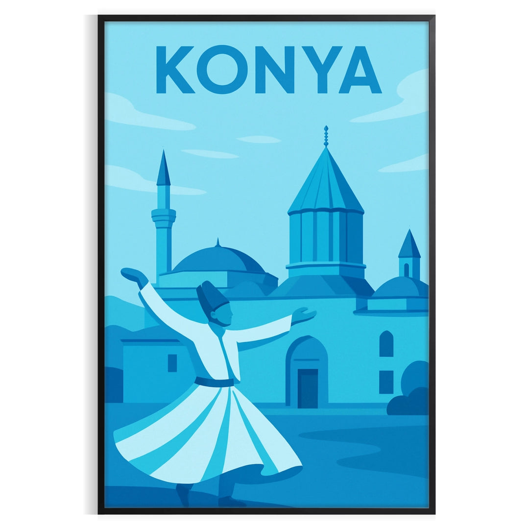 Blue stylized Konya, Turkey cityscape artwork on a printed poster