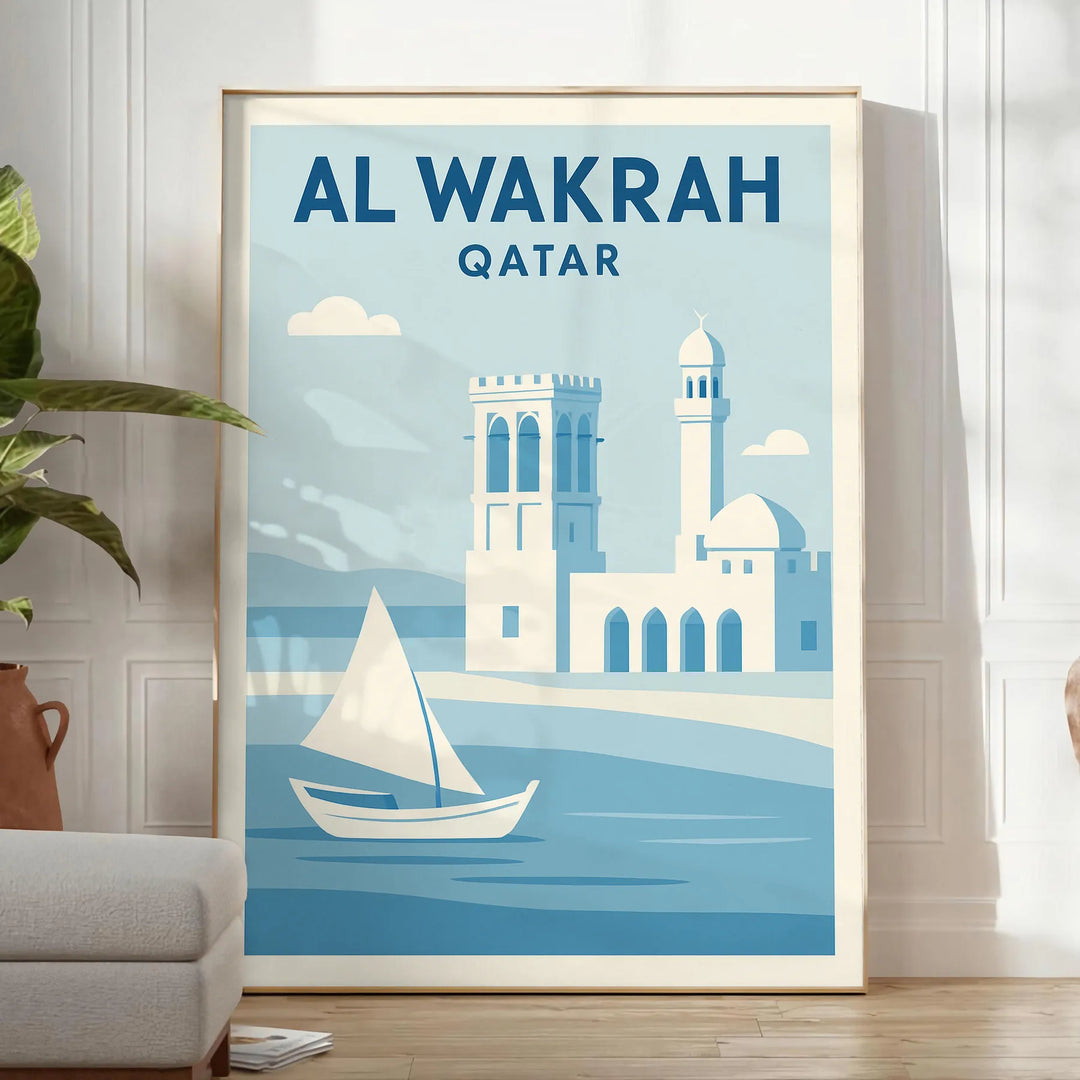 Poster Al Wakrah Qatar stile minimalista con skyline in grigio e blu