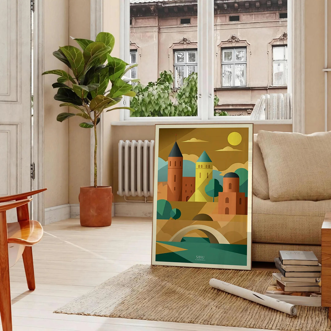 magnifique Affiche vintage Sibiu Roumanie art déco nuances chaudes orange marron murs œuvre originale mesure 50x70 30x40 occasion Acheter pièce unique intérieur disponible option
