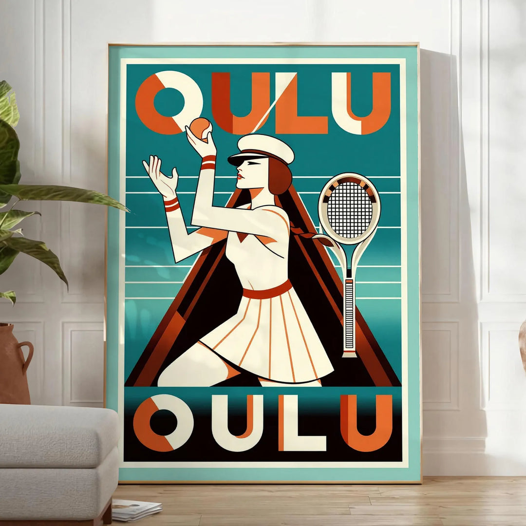 Poster vintage Art Déco di Oulu, Finlandia in tonalità rosse e arancioni