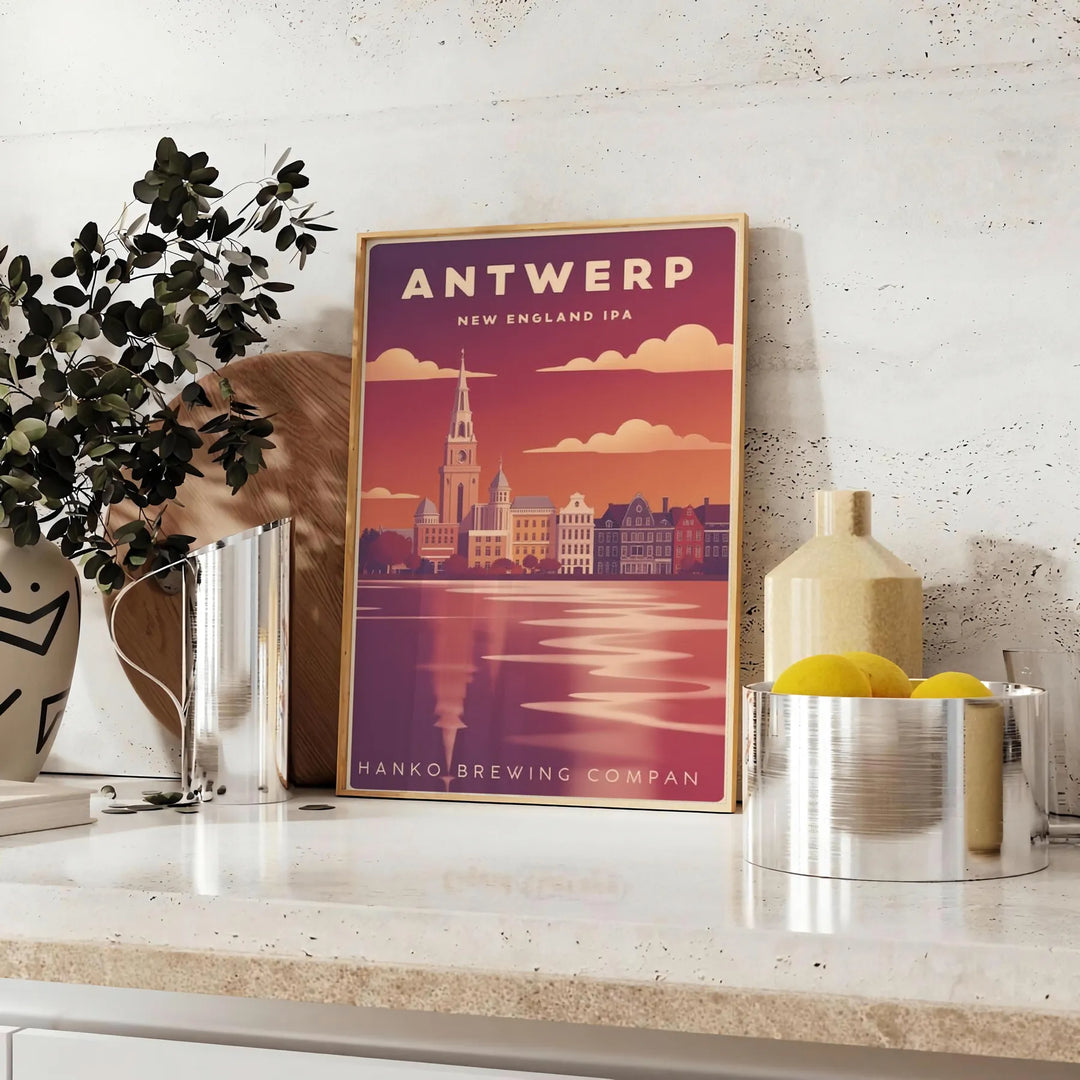 Poster Art Déco raffigurante Anversa stilizzata in grigio e viola