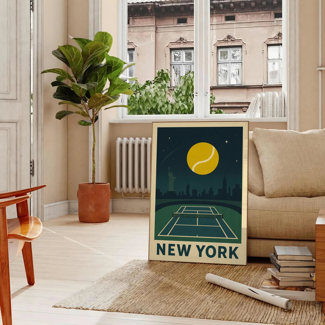 ニューヨークの夜にテニスをテーマにしたポスター。グレーとグリーンのダイナミックなデザインで、都市の洗練さを演出します。