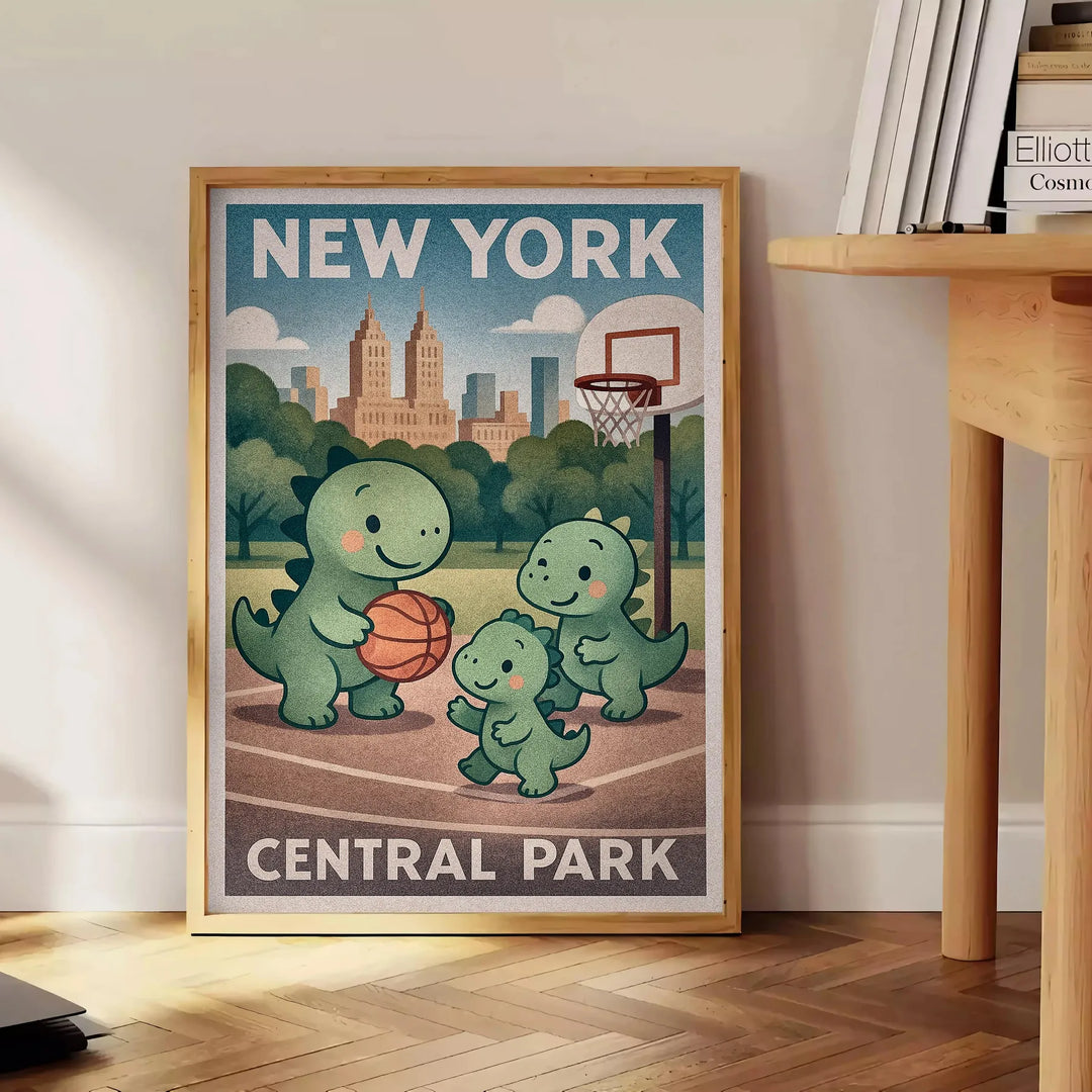 Vintage poster με δεινόσαυρους να παίζουν μπάσκετ στο Central Park της Νέας Υόρκης, ιδανικό για διακόσμηση ή δώρο