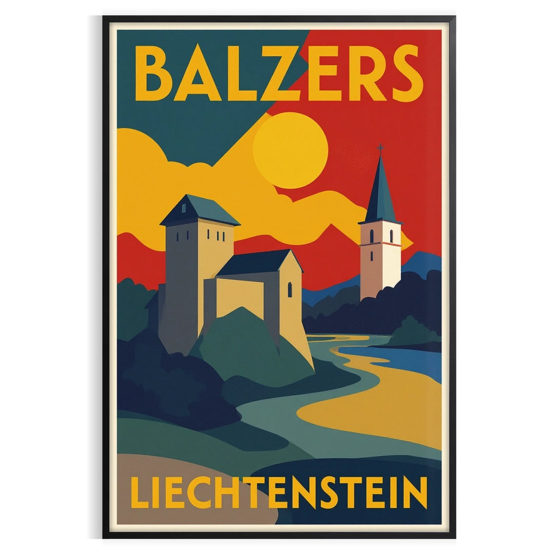 Art Deco poster featuring Balzers, Liechtenstein with orange and white tones