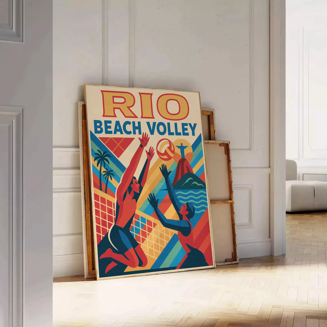 Vintage poster med beach volley-tema i livliga orange och blå färger, perfekt för sportentusiaster och retroinredning. Finns