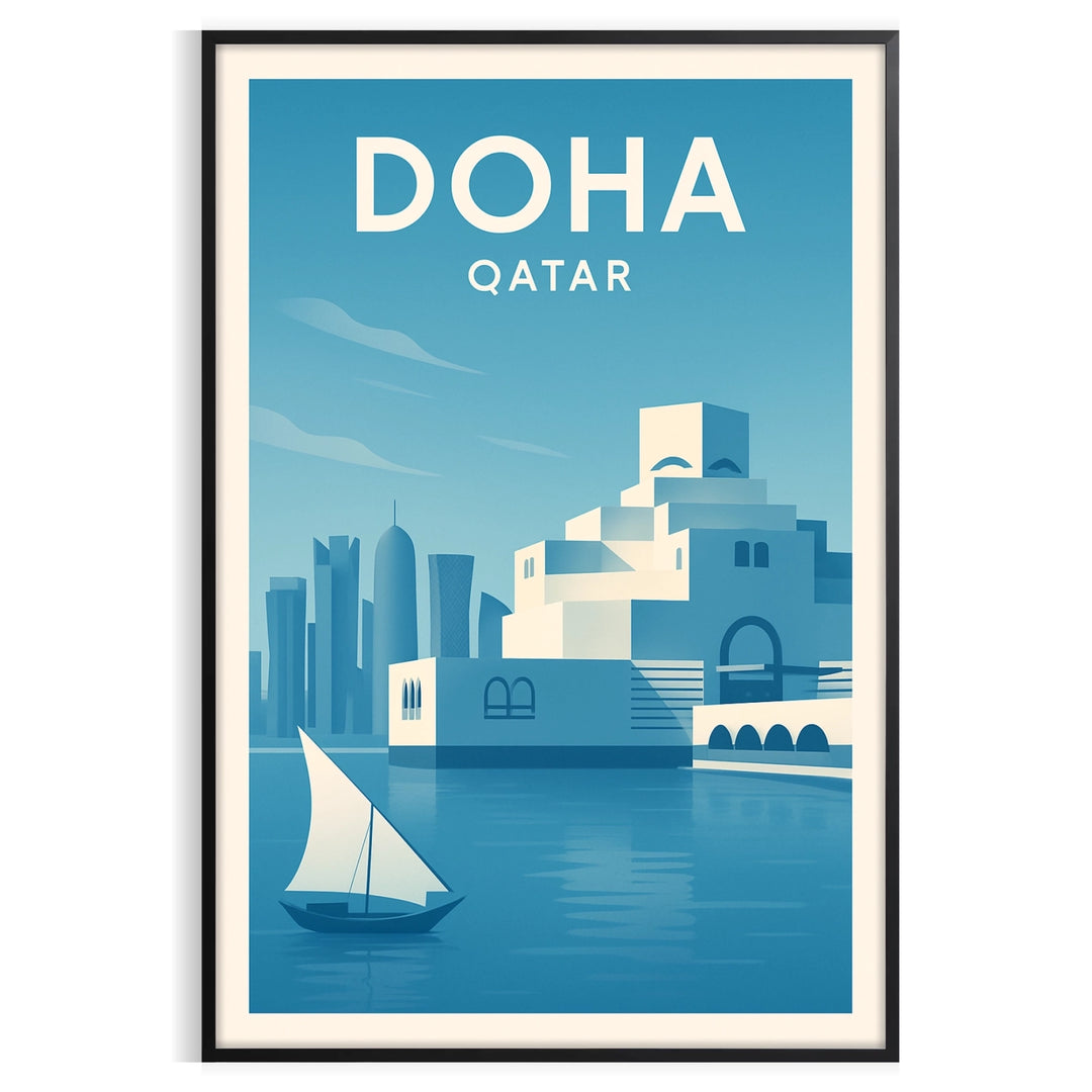 Gray and white minimalist Doha, Qatar skyline poster in modern style