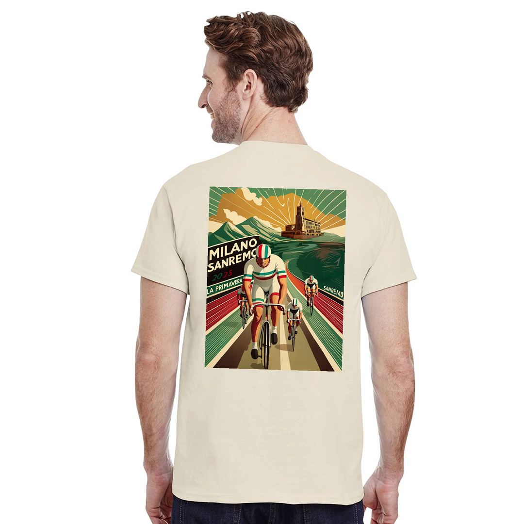 Koszulka Milano Sanremo z unikalnym wzorem, idealna dla miłośników kolarstwa. Dostępna w rozmiarach S, M, L, XL