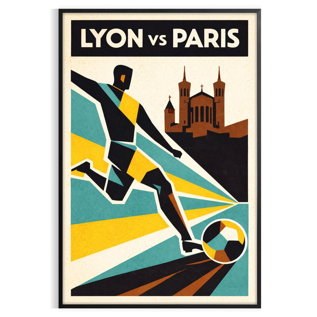 Plakat piłkarski Lyon, Francja w odważnym czarno-zielonym wzorze, dostępny w rozmiarach 50x70 i 30x40. Idealny dla fanów piłk