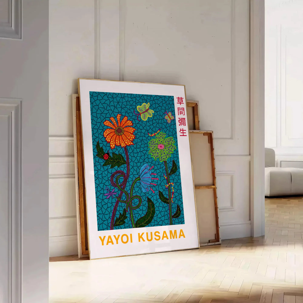 space vibrant Yayoi Kusama vintage flower poster stunning green orange hues market print essence Japanese floral beauty perfect addition art collection captivating today dimensions A4 cm A0