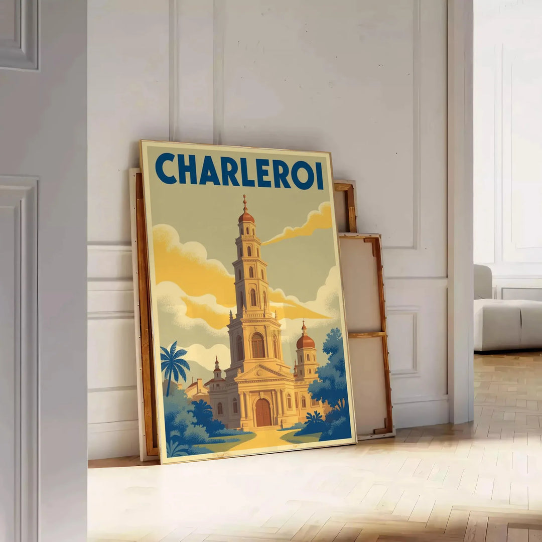 Affiche Charleroi Art Déco montrant scène urbaine vintage vert et bleu