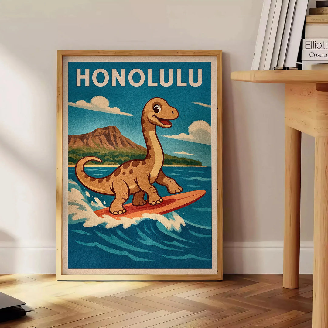 Färgglad dinosaurieposter för barn som surfar, perfekt för barnrum eller lekområde. Finns i flera storlekar