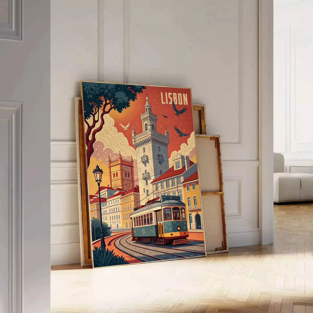 Black and orange Lisbon poster in Art Déco style showing city motif