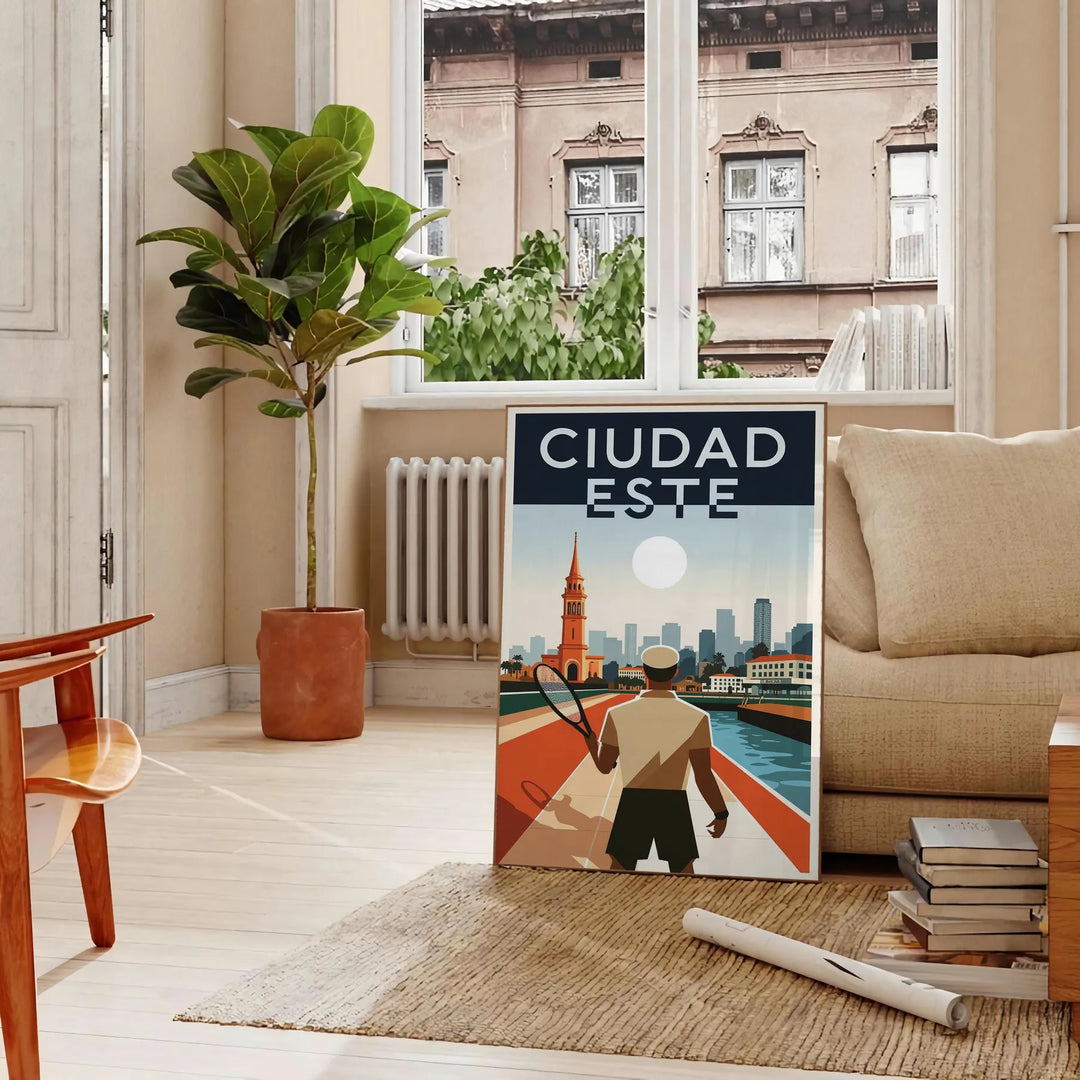 space Ciudad del Este Paraguay Art Déco vintage poster vibrant orange green hues eye design essence bygone era dimensions perfect room unframed version stunning