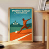 Poster di calcio Monte Carlo Monaco, con colori vivaci giallo e verde. Disponibile in formato 50x70 o 30x40, perfetto per dec