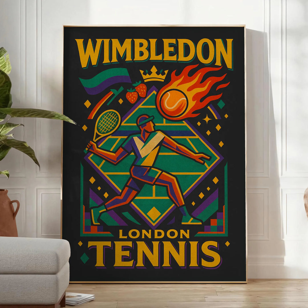 ウィンブルドンのビンテージカートゥーンテニスポスター。鮮やかな緑と紫の配色で、テニスの楽しさを表現したデザイン。スポーツ愛好家やアートファンに最適。サイズはA4、30x40cm、50x70cm、60x80cm、A0から選べます。