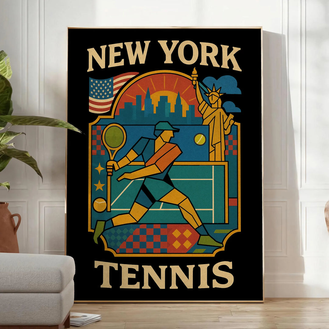 ニューヨークのビンテージカートゥーンテニスポスター。スタイリッシュなグレーとブルーの色合いで、テニス愛好家やアートファンにぴったり。50x70または30x40 cmのサイズで、懐かしさを加えるアイキャッチな作品です。