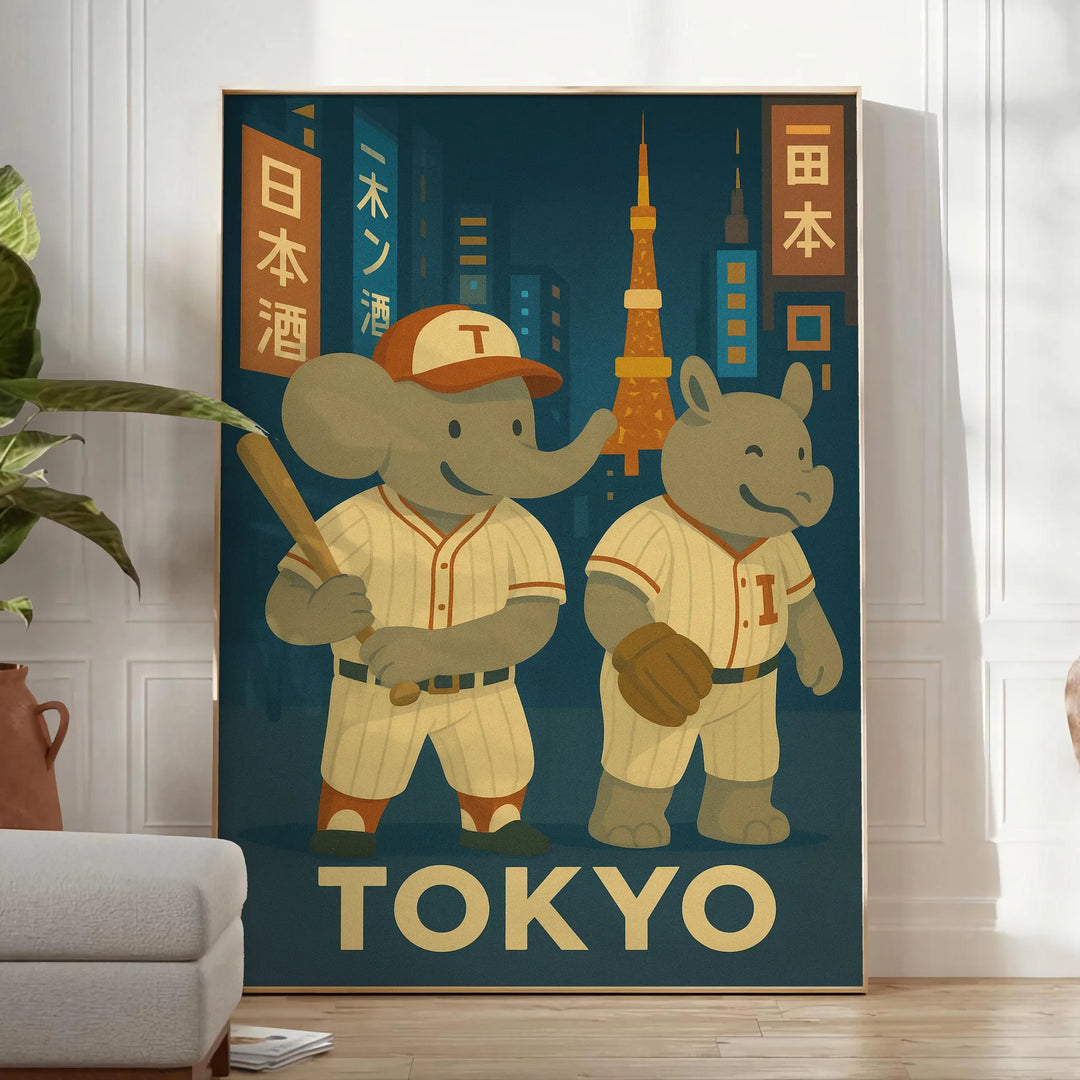 space unique baseball vintage art deco poster adorable elephant rhinoceros Tokyo mom gifts passionate players stunning wall measures cool touch collection