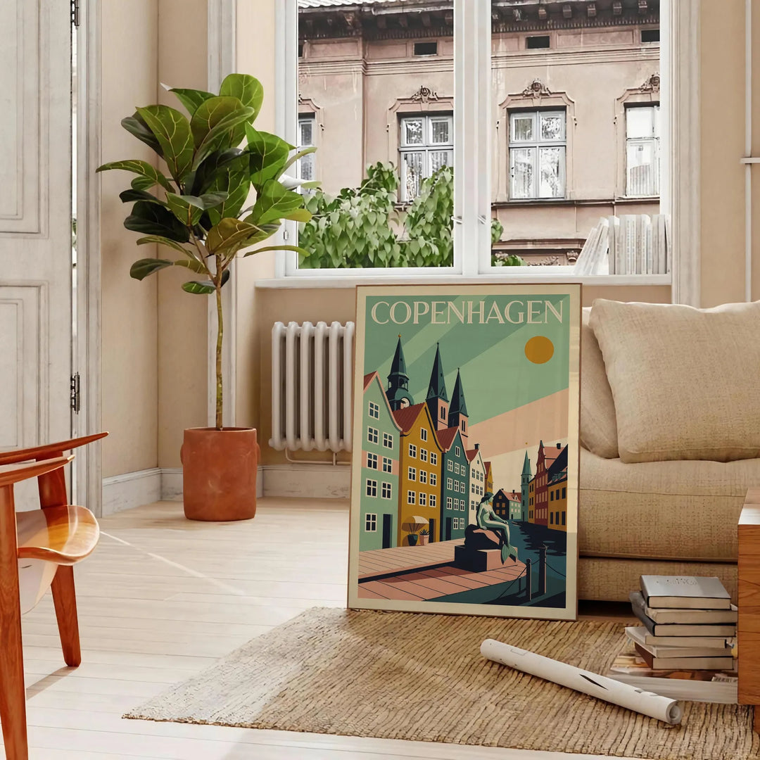 Poster Art Déco di Copenaghen, panorama urbano in marrone e nero