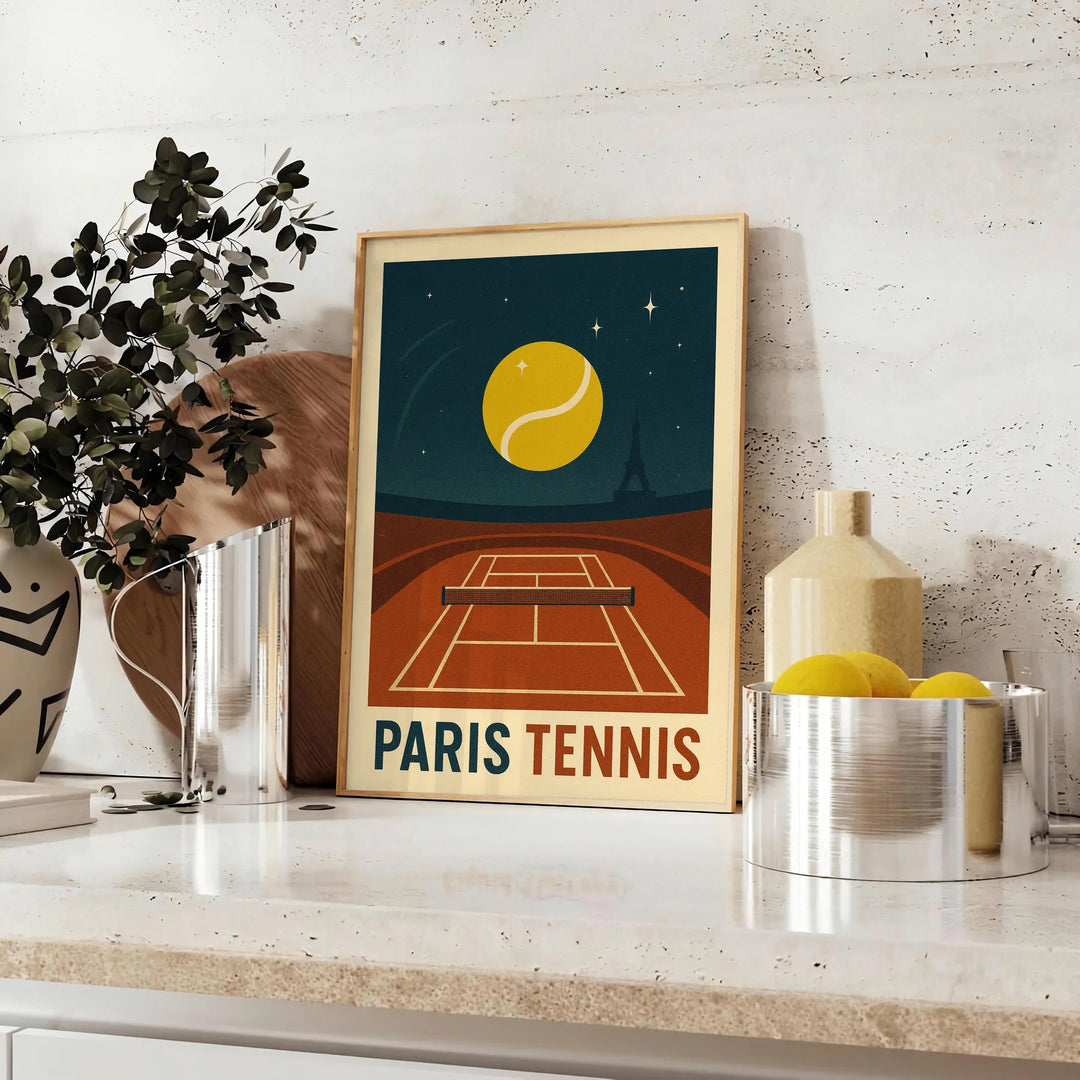 夜のパリの魅力を感じる「パリ・テニス・バイ・ナイト」ポスター。大胆な黒と赤のトーンで、どんな空間にもエレガンスを加えます。