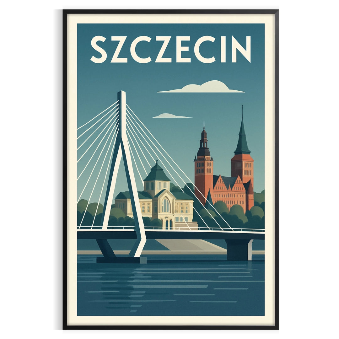 Poster of Szczecin city skyline artwork in orange and green tones