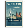 Poster of Szczecin city skyline artwork in orange and green tones