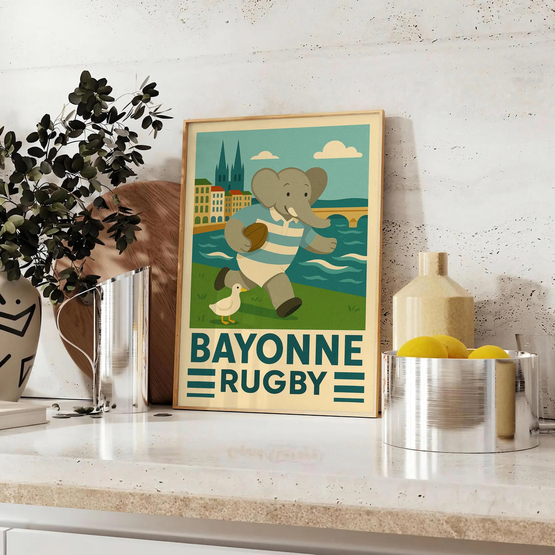rugby vintage représentant un éléphant kid club Bayonne poster art une touche unique murs passionnés artwork dimensions cm 50x70 décor disponibles A4 A0