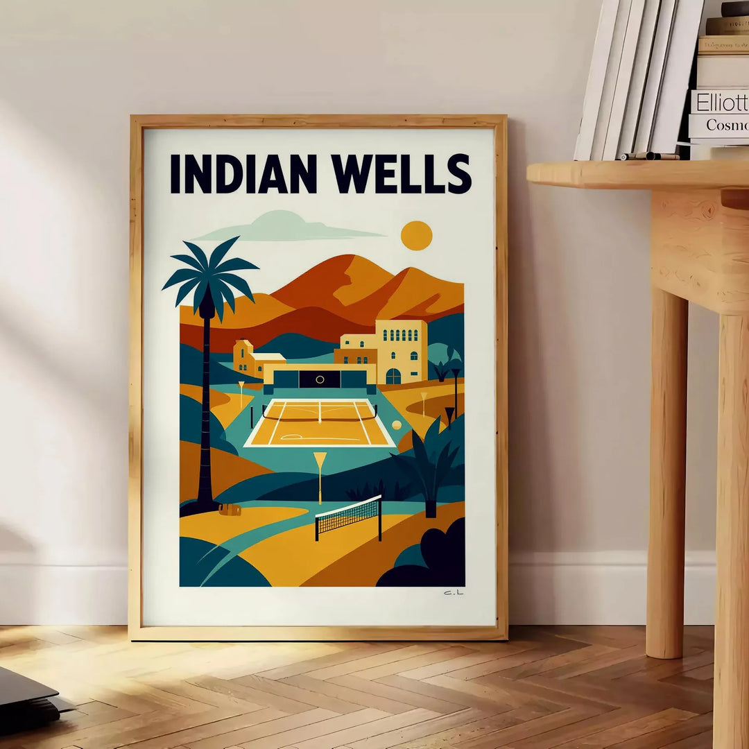 Poster di tennis Indian Wells con colori vivaci arancioni e verdi, ideale per appassionati di sport. Disponibile in diverse d