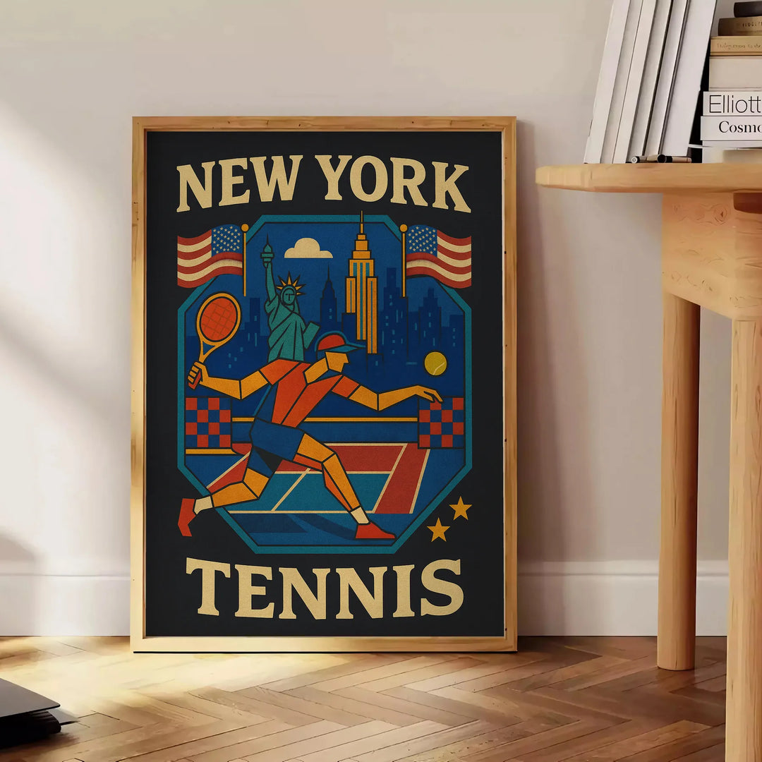 ニューヨークのヴィンテージカートゥーンテニスポスター。スタイリッシュなグレーとブルーの配色で、テニス愛好家やヴィンテージファンに最適。サイズは50x70または30x40。フレーム付きとフレームなしのバージョンから選べます。