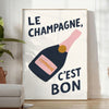 Póster de cocina 'Le Champagne C'est Bon' en tonos elegantes de verde y negro, disponible en tamaños 50x70 y 30x40, enmarcado