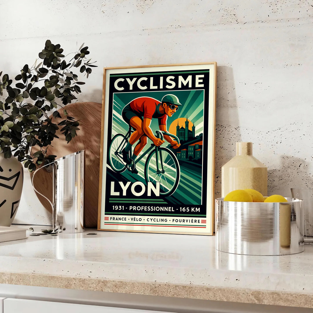 Affiche captivante cyclisme Lyon couleurs gris orange dynamique tous passionnés sport décoration vôtre dimensions cm 50x70 disponibles A4 A0