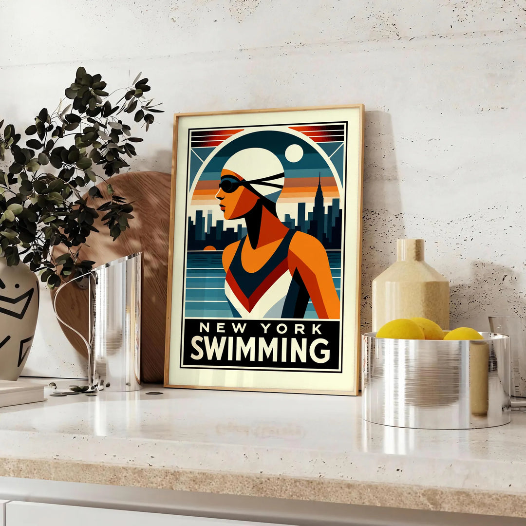 Svart och röd affisch med motiv av simning i New York, tillgänglig i storlekarna 50x70 eller 30x40, perfekt för simmare och s