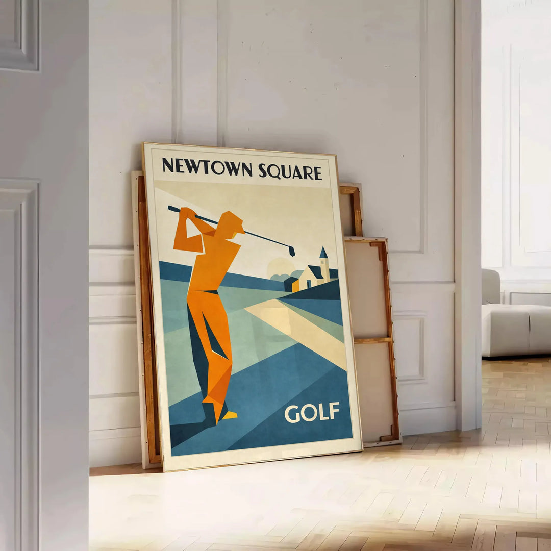 Plakat golfowy Newtown Square w intensywnych niebieskich i pomarańczowych kolorach, idealny do dekoracji wnętrz. Dostępny w r