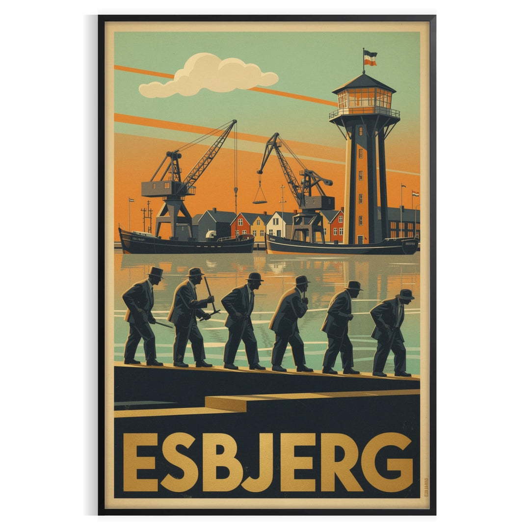Art Déco Esbjerg Denmark vintage travel poster in black and green