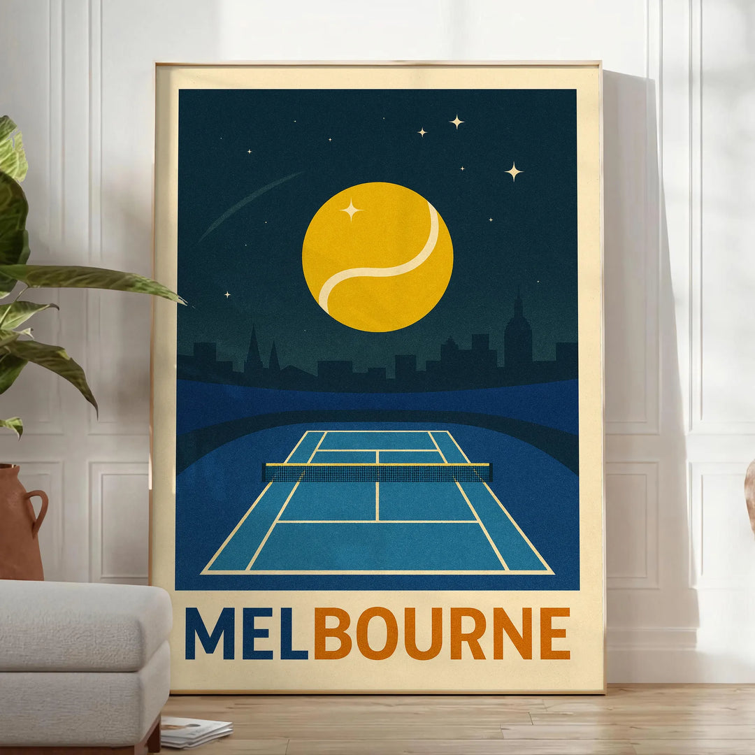 メルボルンの夜のテニスをテーマにした美しいポスター。青と緑の魅力的な色合いが特徴で、スポーツコレクションにぴったりのデザインです。