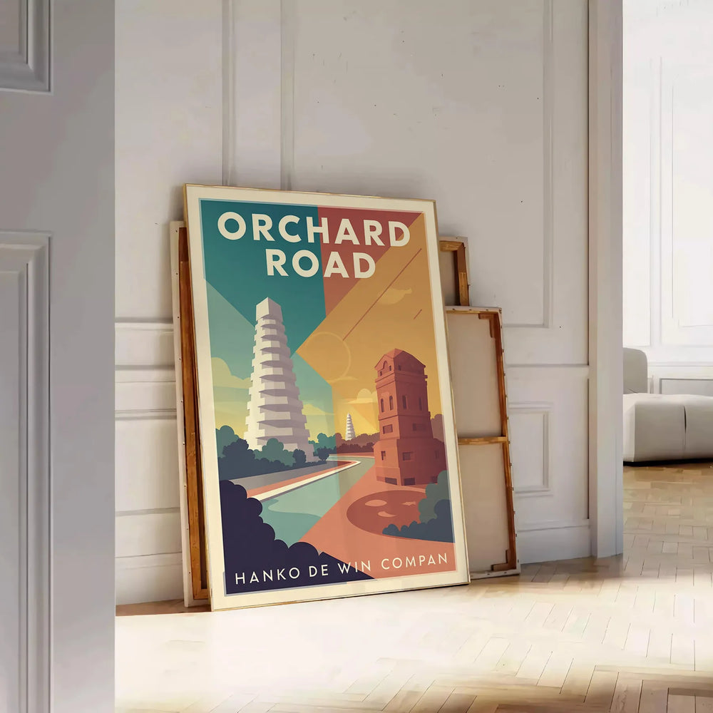 space vintage travel poster Orchard Road Singapore stunning Art Deco style gray blue tones essence nostalgia elegance unique piece decor unframed versions available