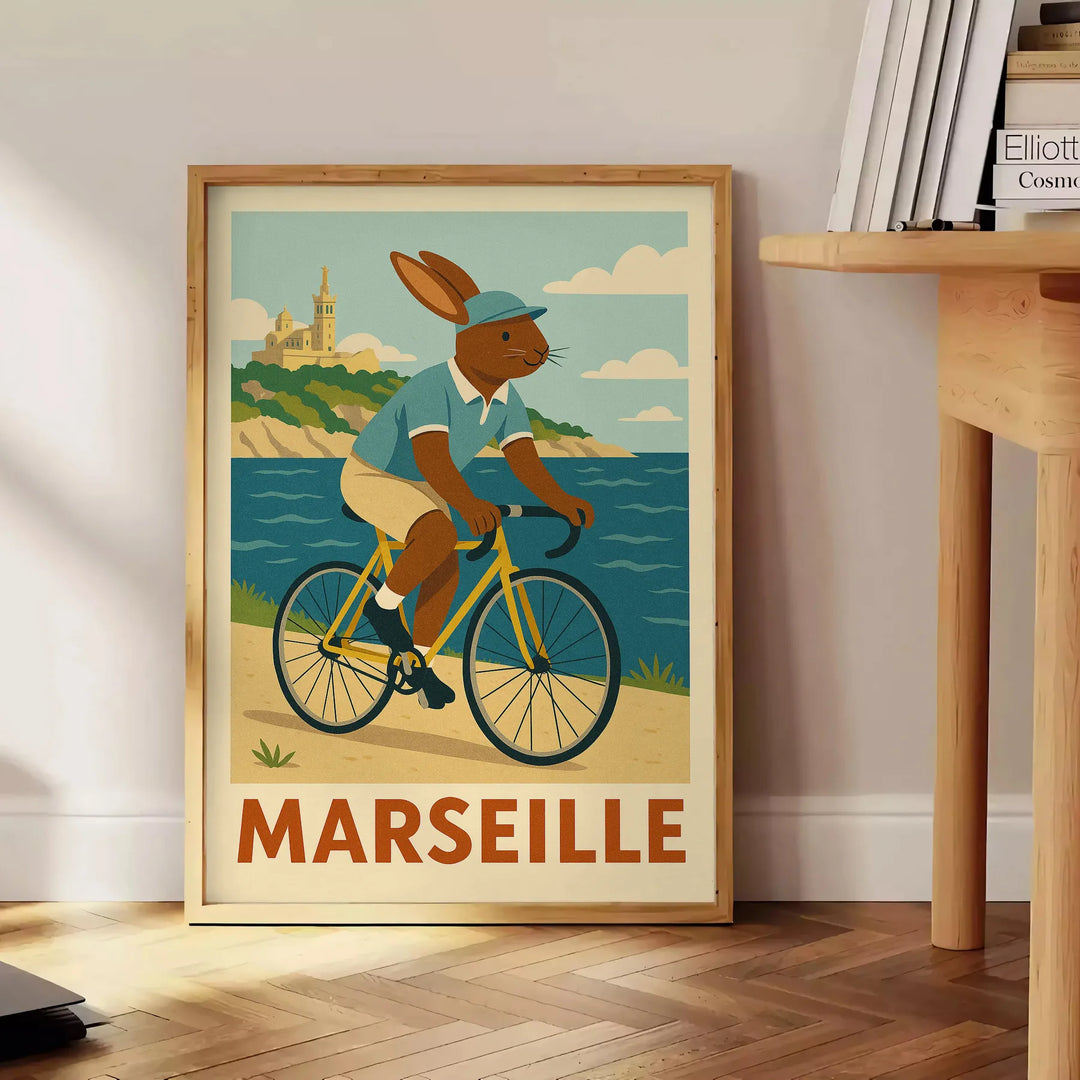 マルセイユの魅力にインスパイアされた子供用ウサギ自転車ポスター。青と緑の穏やかな色合いで、子供部屋や遊び場にぴったりのアート作品です。