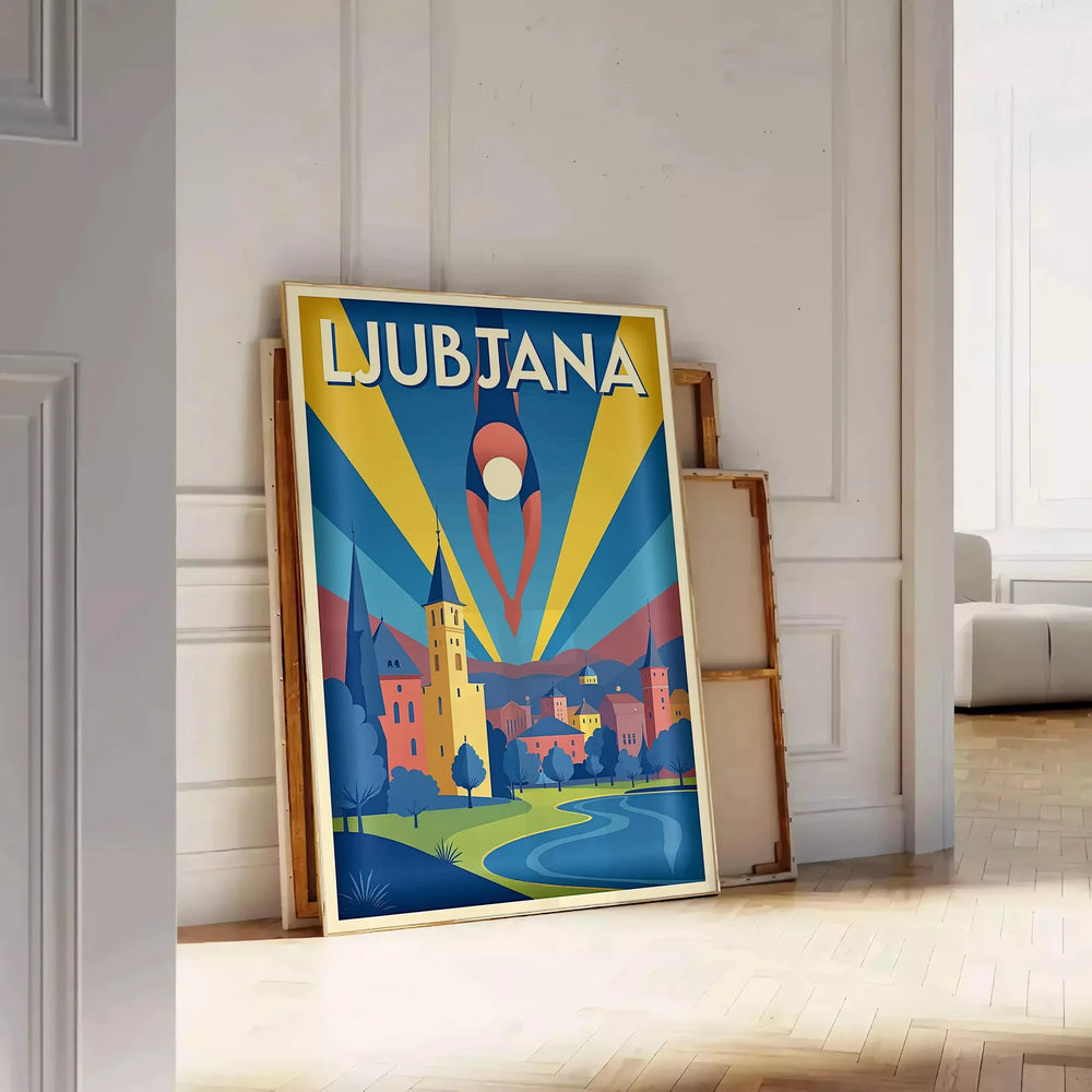 charm Ljubljana Slovenia stunning vintage travel poster art deco style vibrant yellow green hues touch elegance space piece history home available