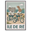 Πόστερ με χαριτωμένο σκηνικό ενός ελέφαντα και ενός κουνελιού που ποδηλατούν στην όμορφη Île de Ré. Ιδανικό για βρεφικούς και