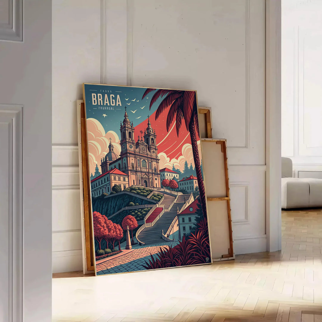 Poster vintage Art Déco di Braga, Portogallo in toni grigio e marrone