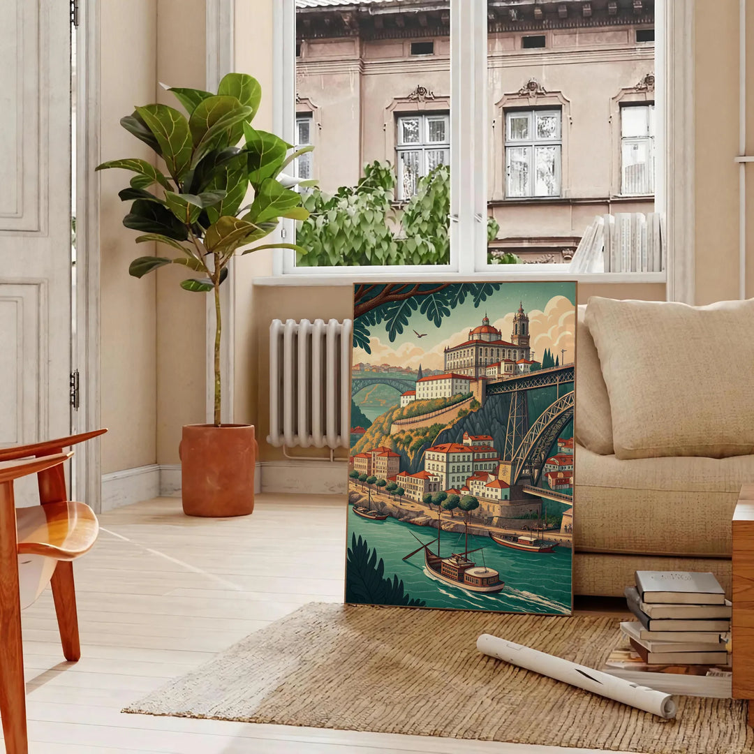 Poster Art Déco Vila Nova de Gaia in tonalità grigie e marroni