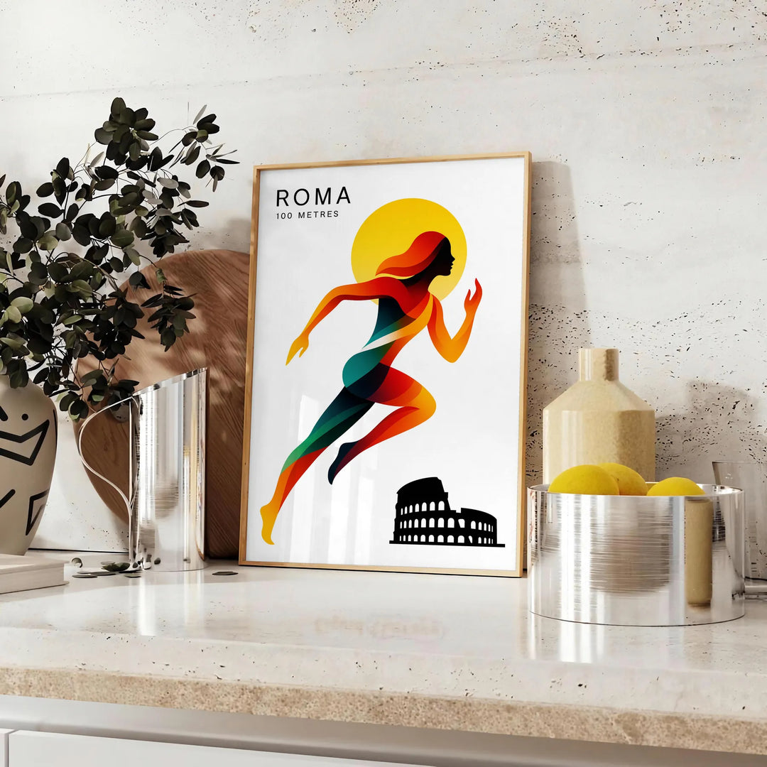 affiche dynamique thème 100 mètres passion sport Rome couleurs vibrantes rouge noir 50x70 30x40 décoration œuvre cadre