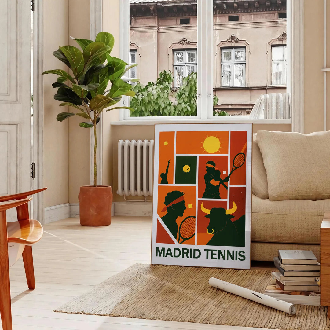 ラファにインスパイアされたマドリードテニスポスター。大胆な黒と鮮やかな緑の色合いで、ゲームのエネルギーを捉えています。