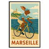 マルセイユの魅力にインスパイアされた子供用ウサギ自転車ポスター。青と緑の穏やかな色合いで、子供部屋や遊び場にぴったりのアート作品です。
