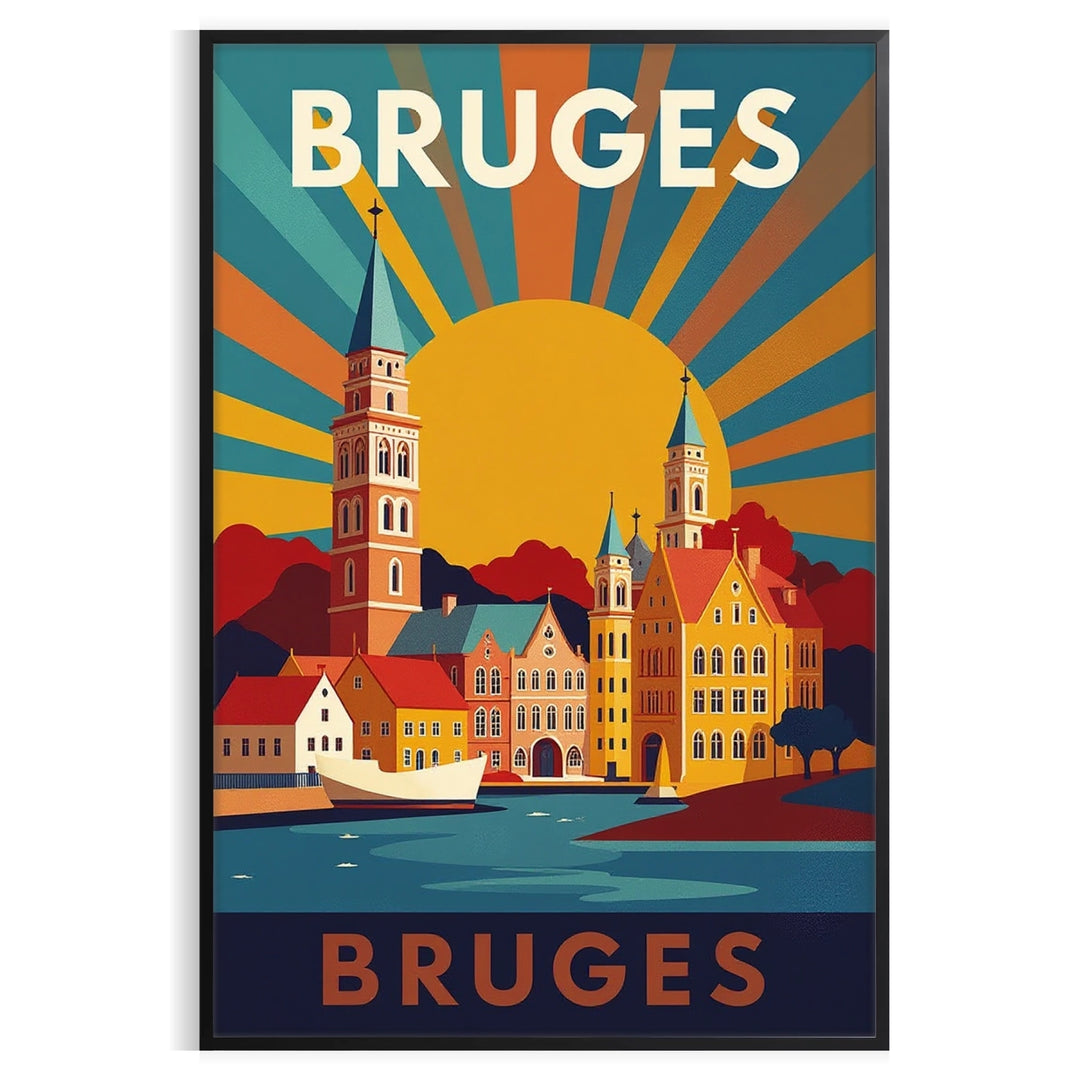 charm Bruges stunning Art Déco vintage poster vibrant yellow green hues lover elegant touch space decor available frame