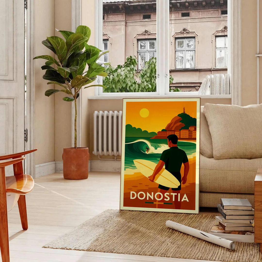 Ανακαλύψτε την ζωντανή κουλτούρα του σέρφινγκ με το εντυπωσιακό αφίσα San Sebastian Donostia, σε έντονες πράσινες και κόκκινε
