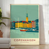 Manifesto vintage Art Déco Copenhagen in verde e grigio, illustrazione di viaggio