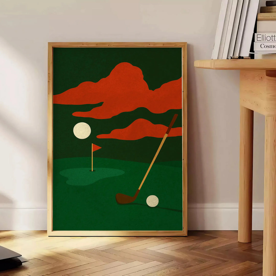 Golfposter med nattmotiv i grön och röd, perfekt som inredning eller present till golfälskare. Finns i storlekarna 30x40 cm o