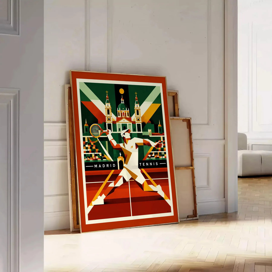 Färgglad Madrid Tennis poster med röd och orange nyanser, perfekt för tennisälskare. Finns i storlekarna 50x70 och 30x40, kan